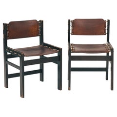 Chaises de salle à manger vintage brutaliste en cuir et Wood avec corde, ensemble de 2