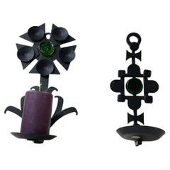 Vintage Brutalist Iron & Green Glass Wall Candleholders by Dantoft, 1970s
