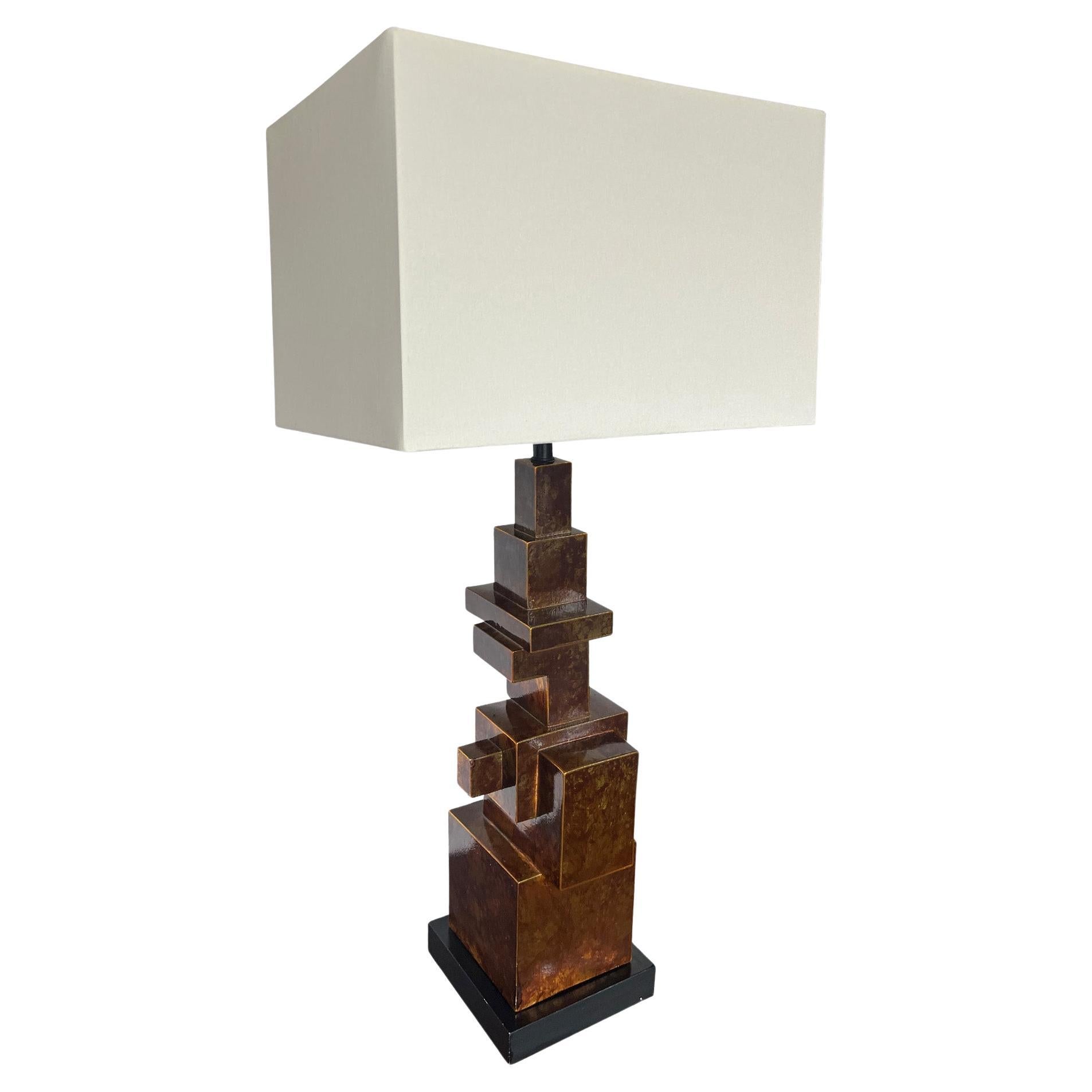 Vintage Brutalist Italian Patinated Brass Table Lamp For Sale