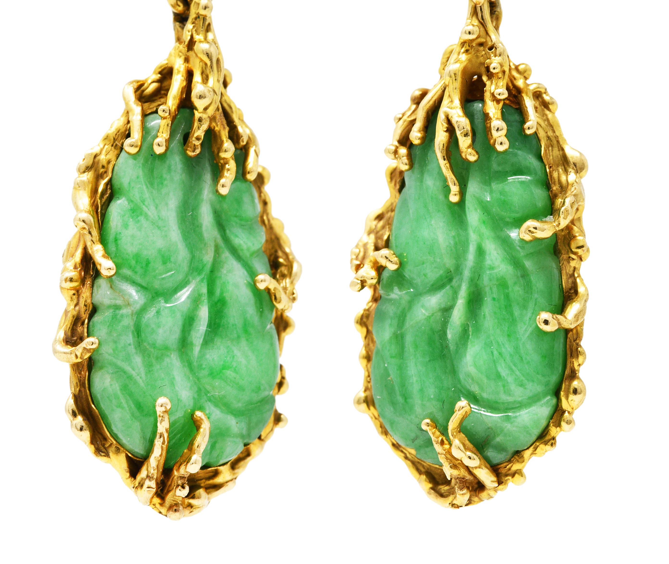 Contemporary Vintage Brutalist Jade 14 Karat Yellow Gold Carved Organic Drop Earrings