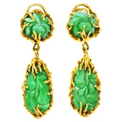 Vintage Brutalist Jade 14 Karat Yellow Gold Carved Organic Drop Earrings