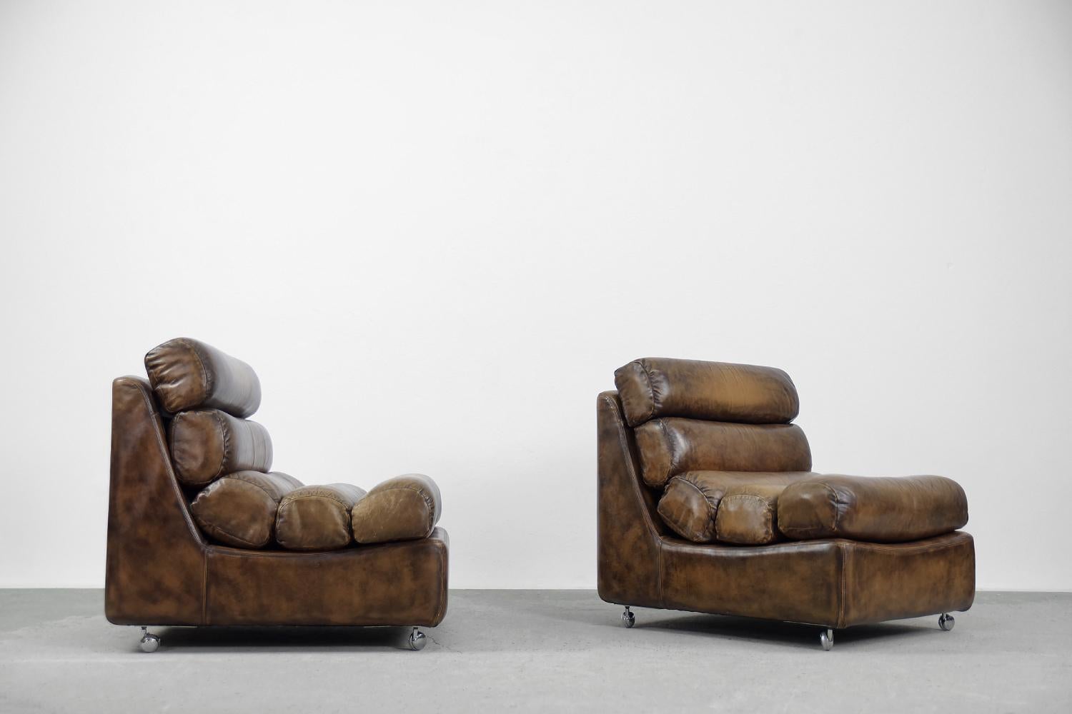Pair of Rare Vintage Brutalist Dark Brown Leather Armchairs on Wheels, 1960s For Sale 6