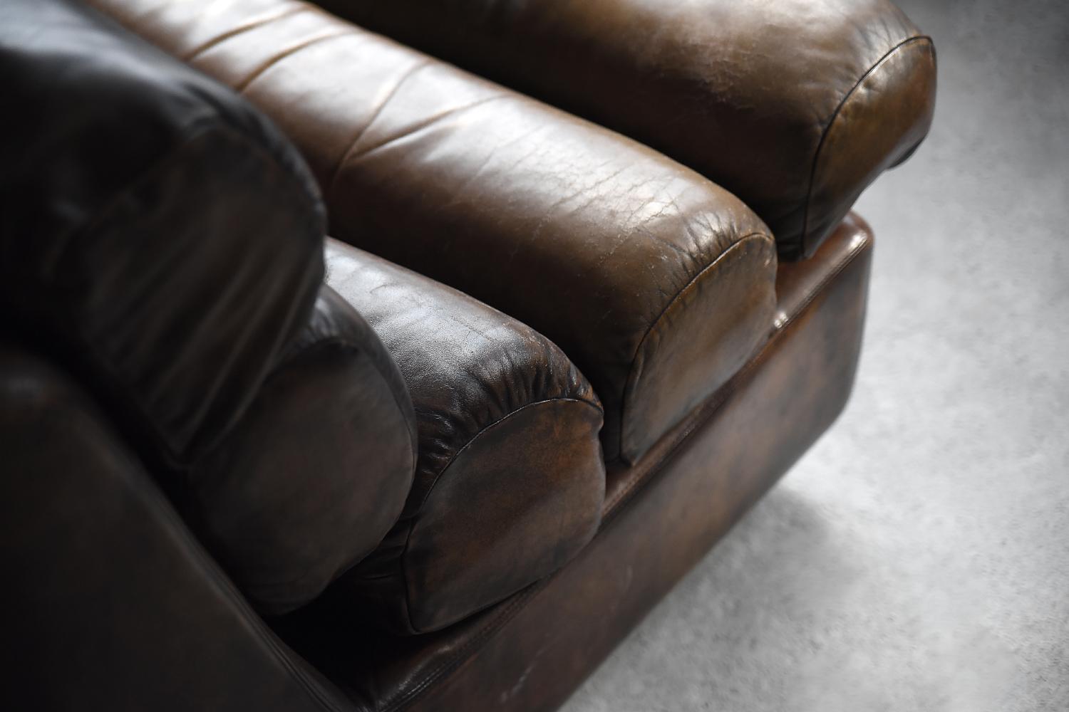 Pair of Rare Vintage Brutalist Dark Brown Leather Armchairs on Wheels, 1960s For Sale 9