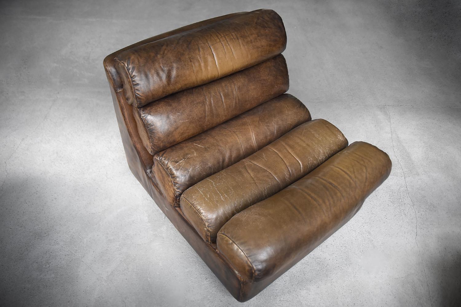 Pair of Rare Vintage Brutalist Dark Brown Leather Armchairs on Wheels, 1960s For Sale 12