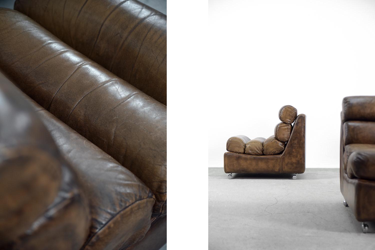 Pair of Rare Vintage Brutalist Dark Brown Leather Armchairs on Wheels, 1960s For Sale 2