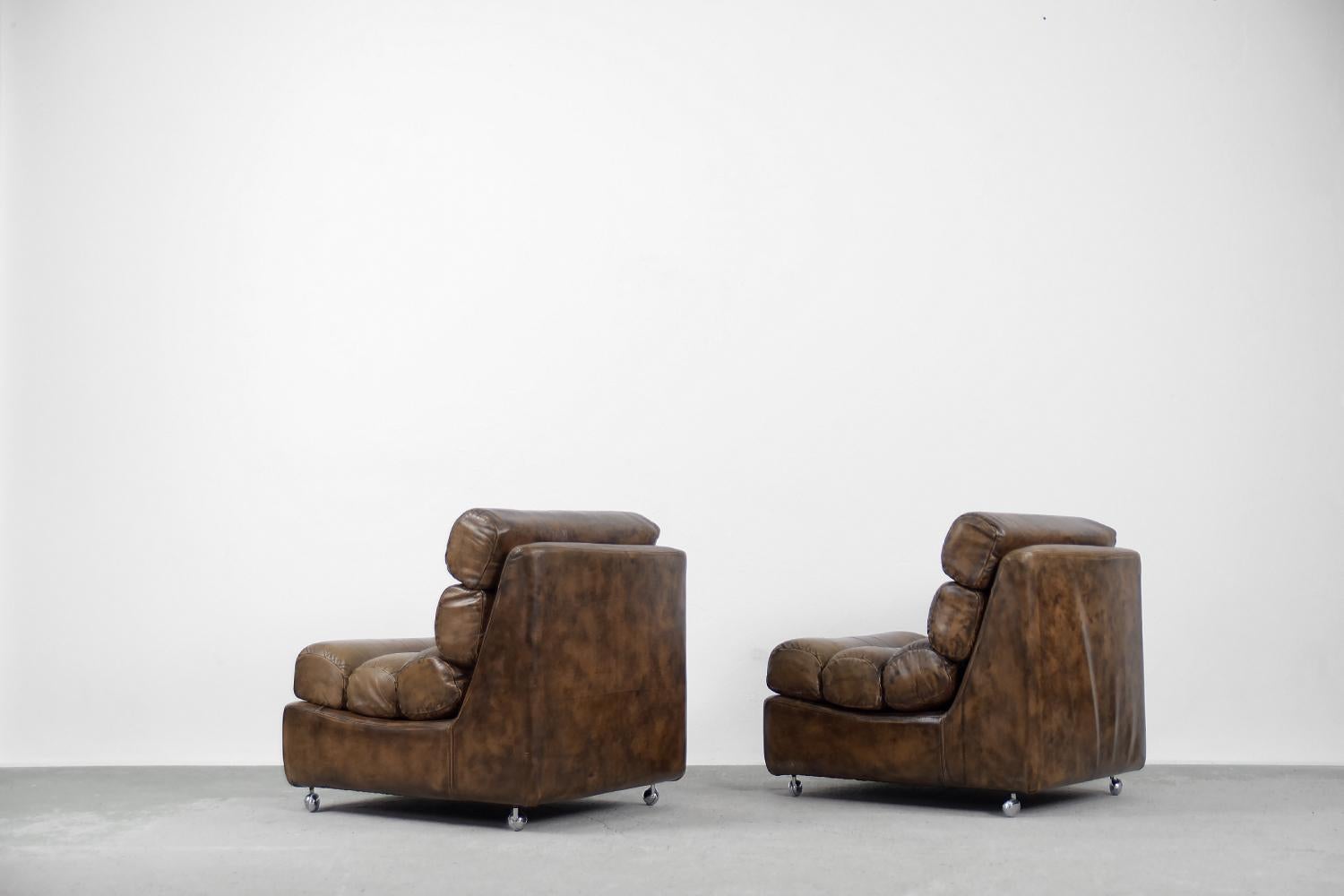 Pair of Rare Vintage Brutalist Dark Brown Leather Armchairs on Wheels, 1960s For Sale 4