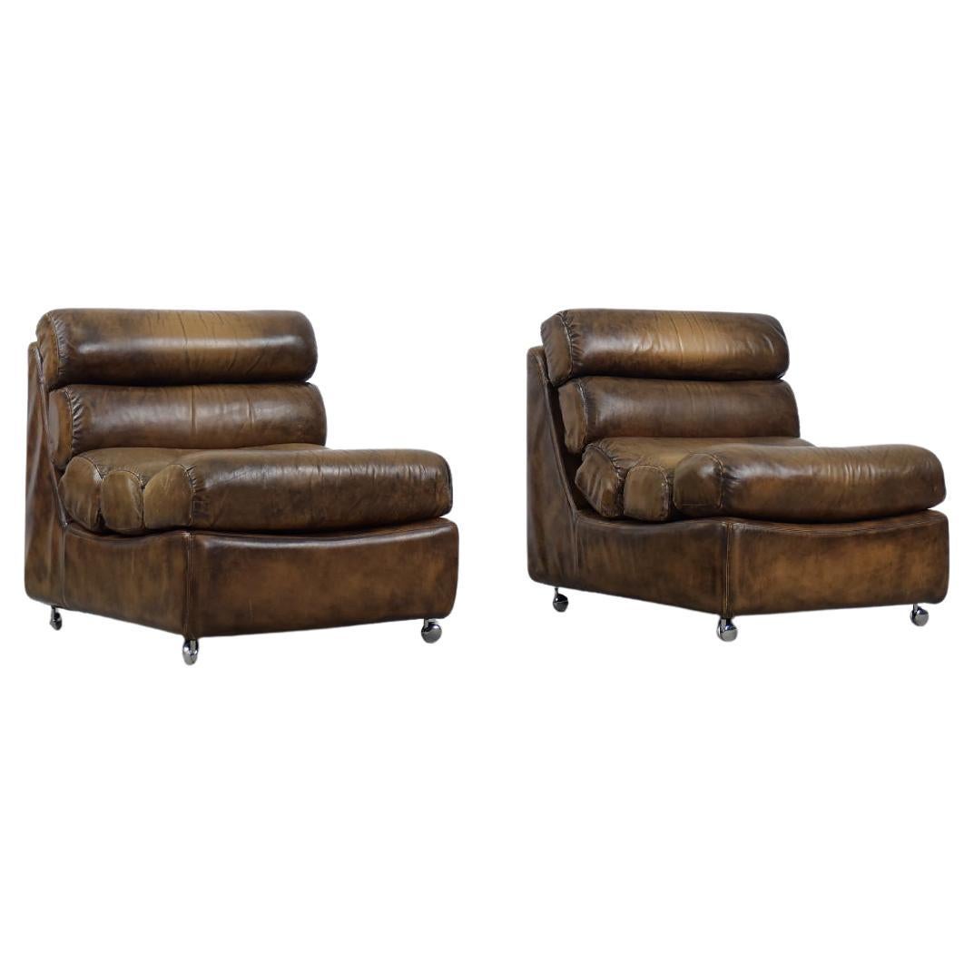 Pair of Rare Vintage Brutalist Dark Brown Leather Armchairs on Wheels, 1960s For Sale