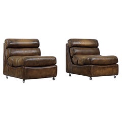 Pair of Rare Vintage Brutalist Dark Brown Leather Armchairs on Wheels, 1960s