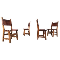Vintage brutalist leather spanish dining chairs, 1960s