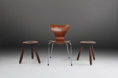 Vintage Brutalist low oak tripod Stool, Belgium 1960s
