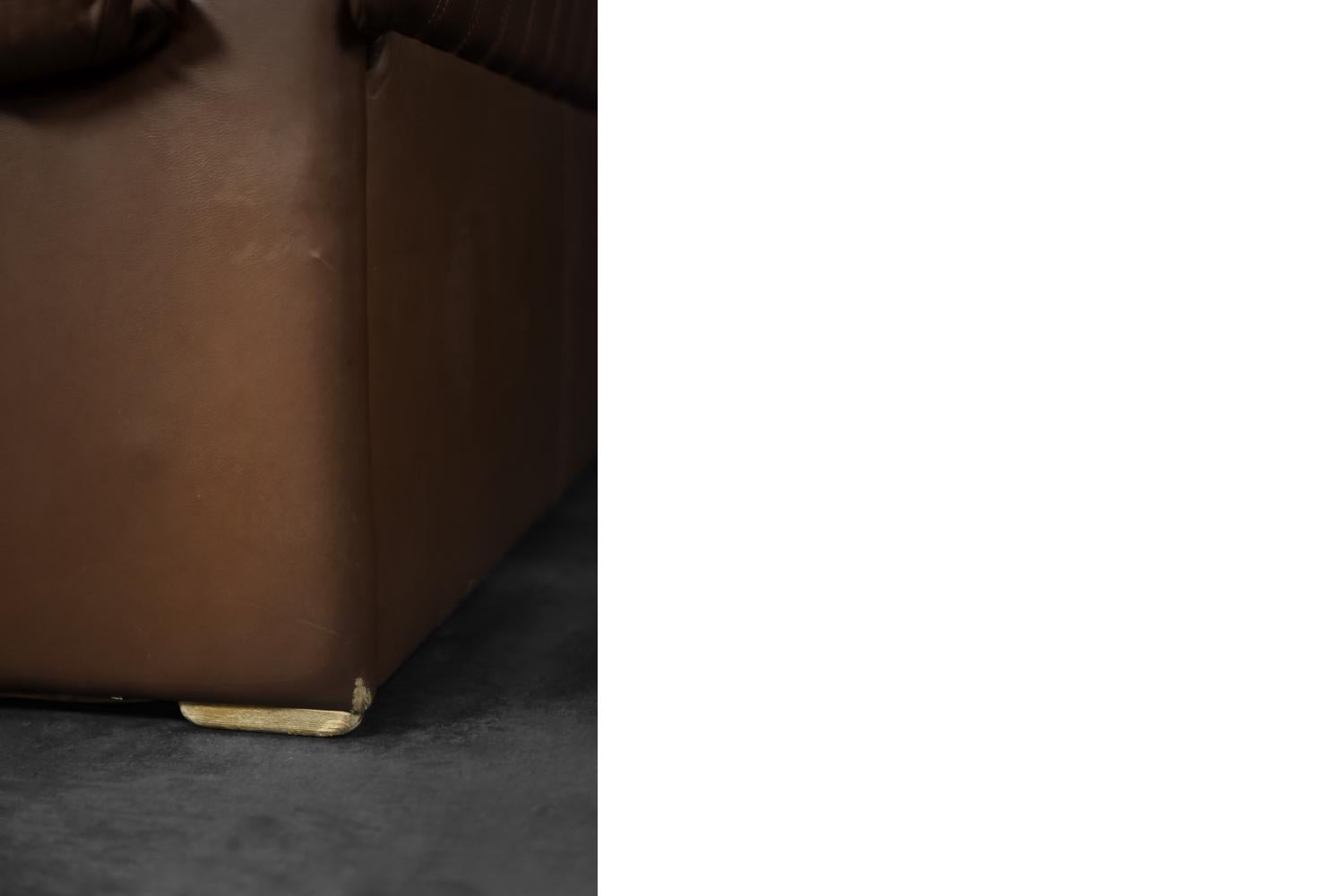 Vintage Brutalist Mid-Century German Modern Brown Leather 4-Seater Sofa, 1970s For Sale 6