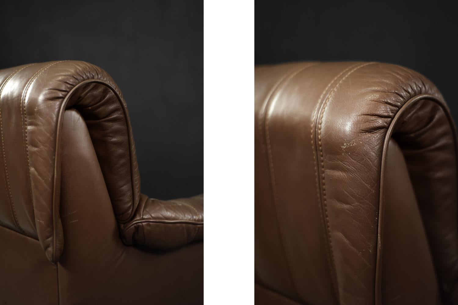 Vintage Brutalist Mid-Century German Modern Brown Leather 4-Seater Sofa, 1970s For Sale 8
