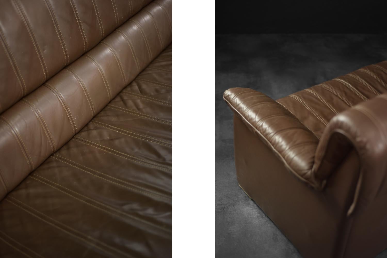 Vintage Brutalist Mid-Century German Modern Brown Leather 4-Seater Sofa, 1970s For Sale 10