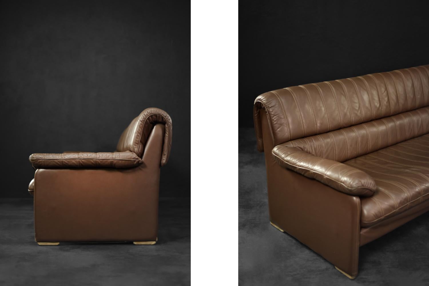 Late 20th Century Vintage Brutalist Mid-Century German Modern Brown Leather 4-Seater Sofa, 1970s For Sale