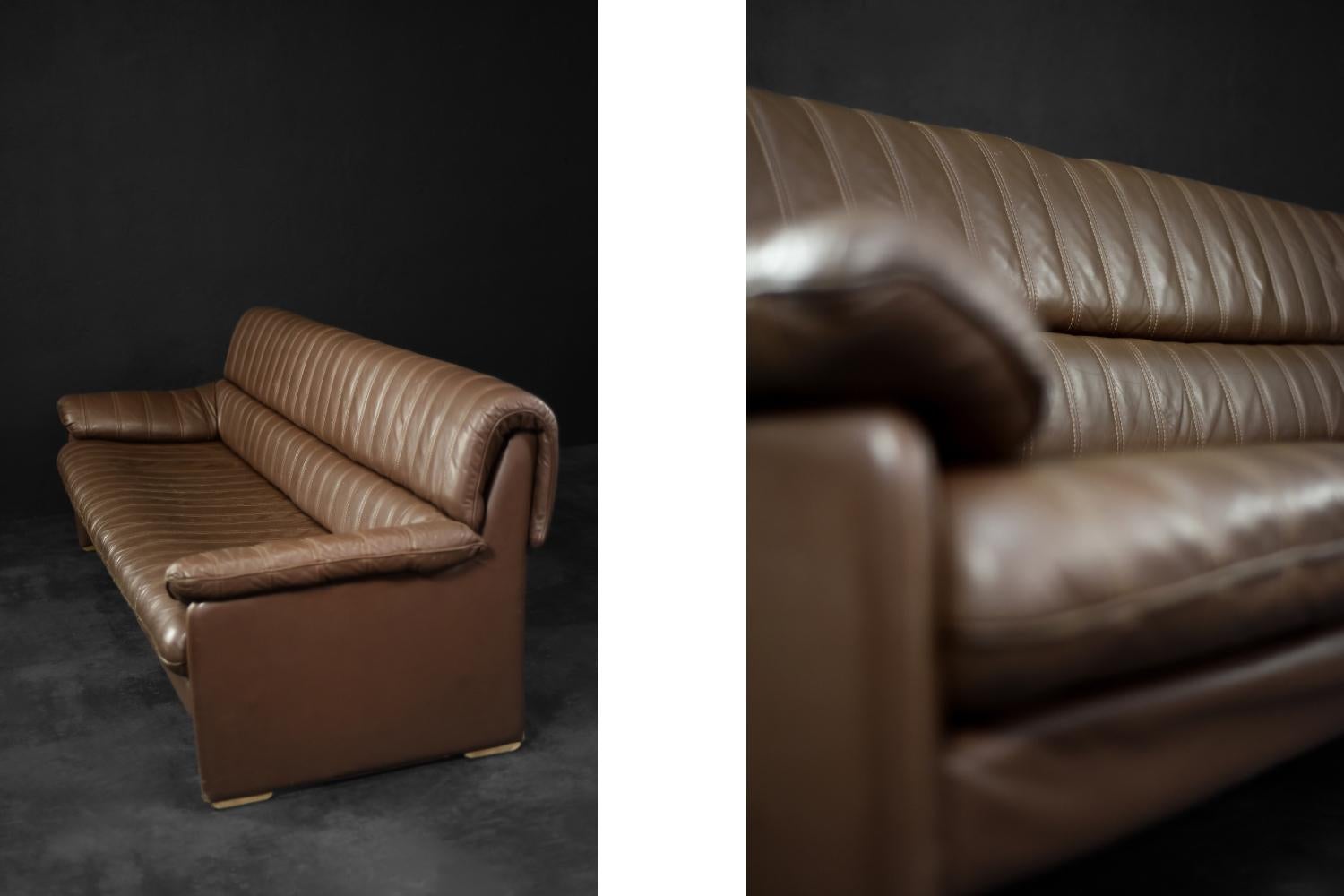 Vintage Brutalist Mid-Century German Modern Brown Leather 4-Seater Sofa, 1970s For Sale 1