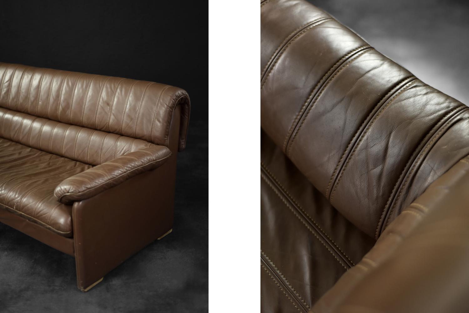 Vintage Brutalist Mid-Century German Modern Brown Leather 4-Seater Sofa, 1970s For Sale 3