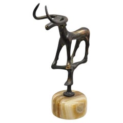 Vintage Brutalist Mid Century Modern Bronze Bull Marble Base Small Sculpture