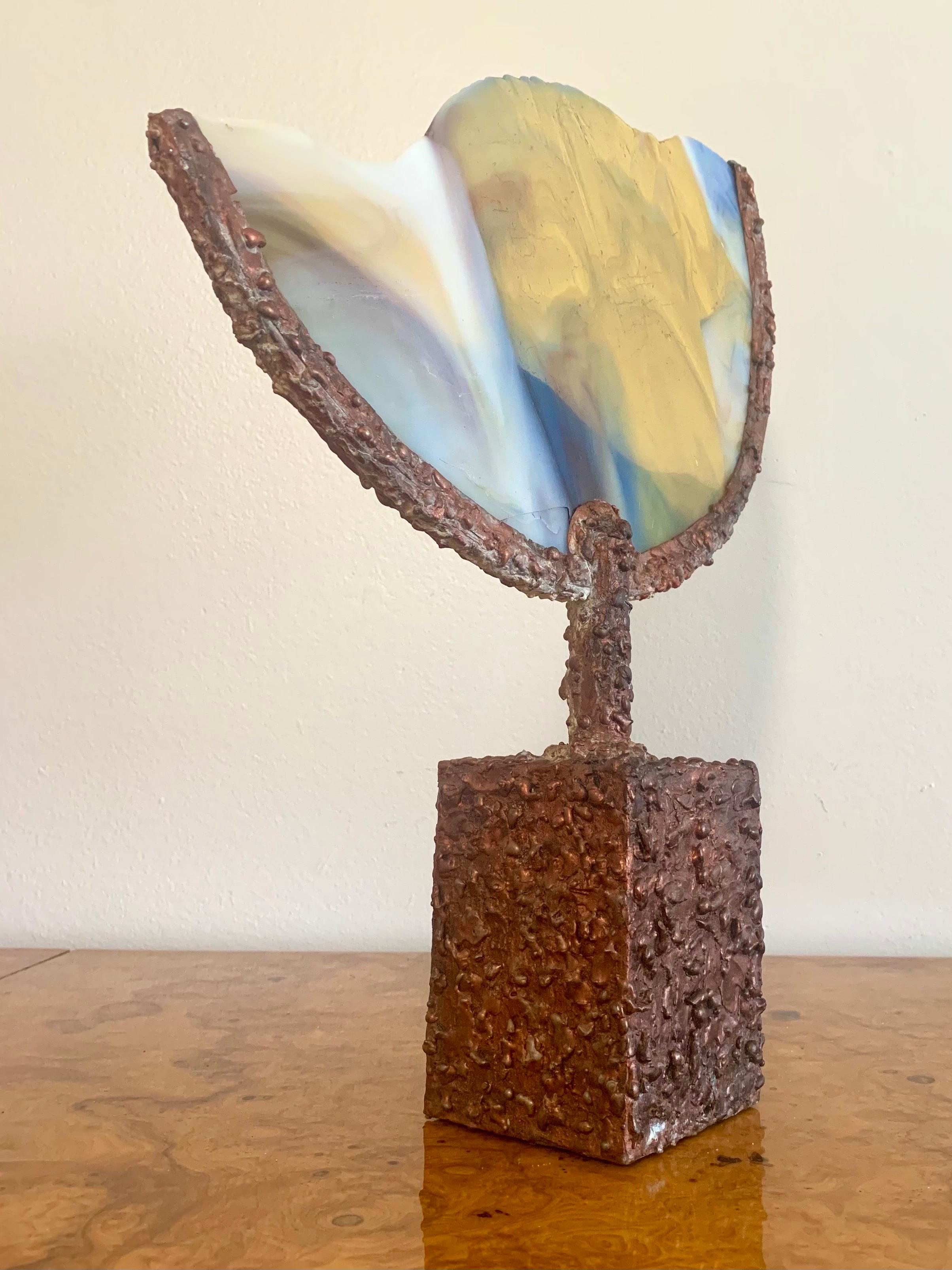 Unknown Vintage Brutalist Mixed Media Sculpture in Copper and Glass For Sale