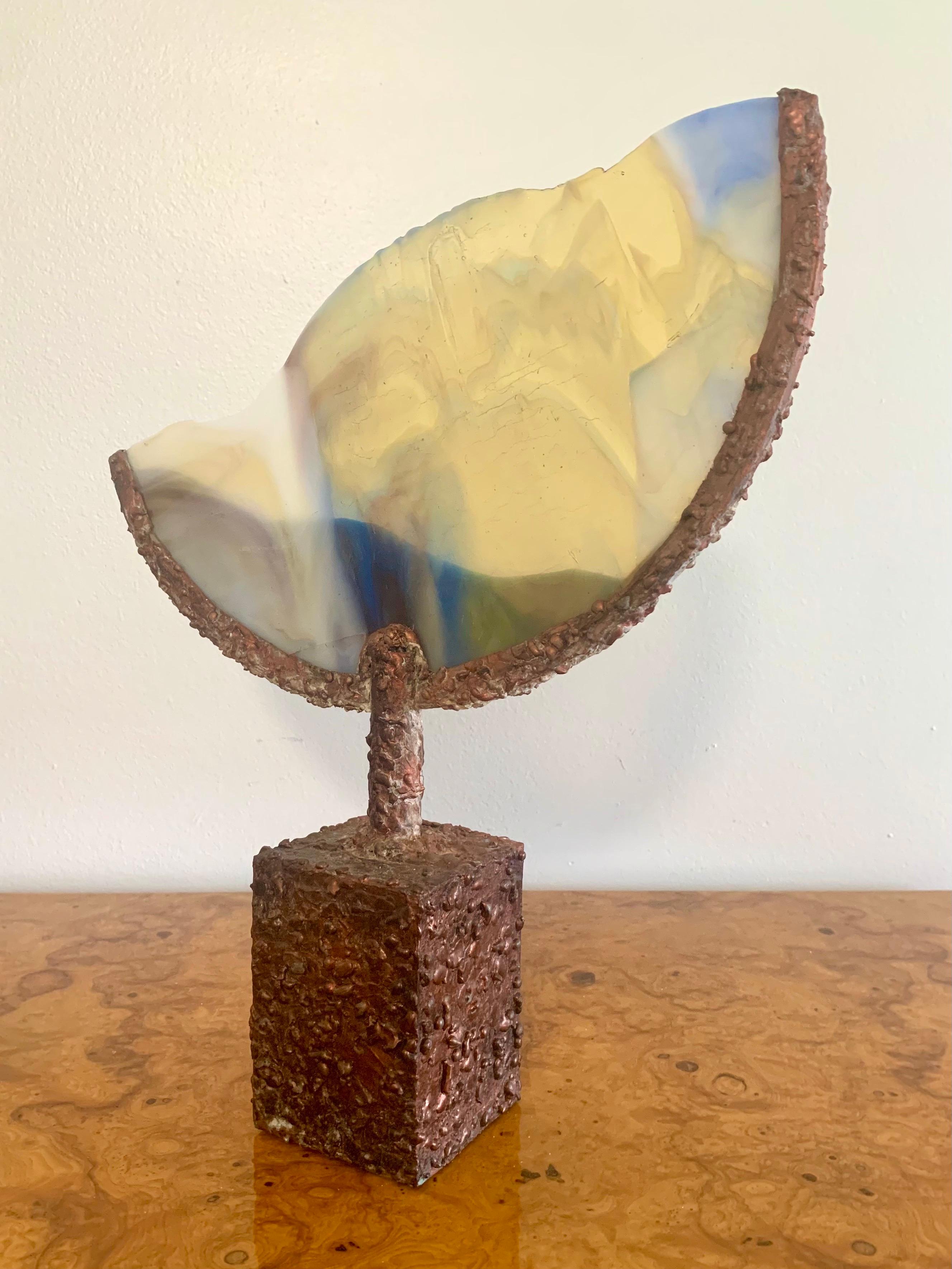 Vintage Brutalist Mixed Media Sculpture in Copper and Glass In Good Condition For Sale In Boynton Beach, FL