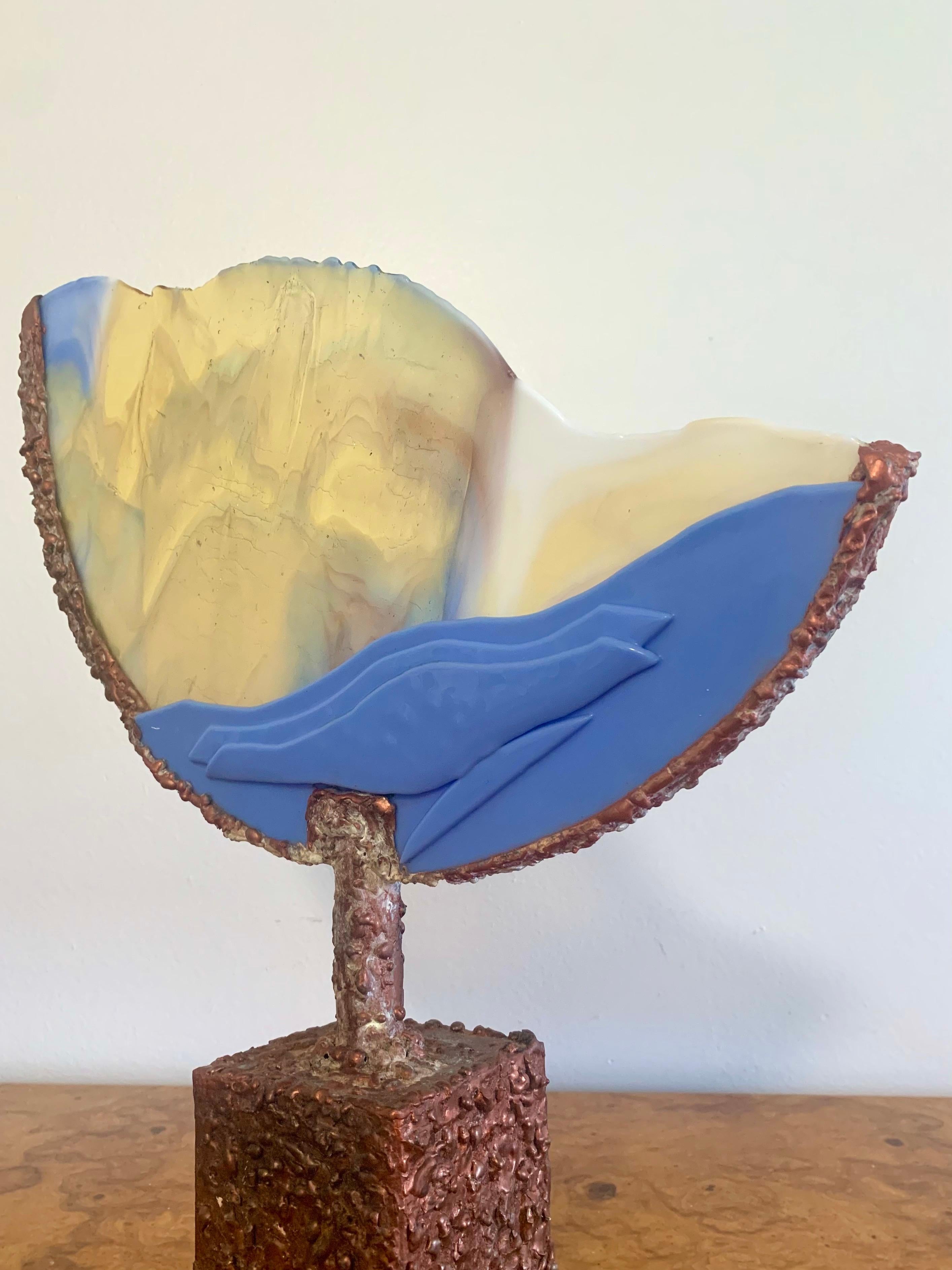 Vintage Brutalist Mixed Media Sculpture in Copper and Glass For Sale 3