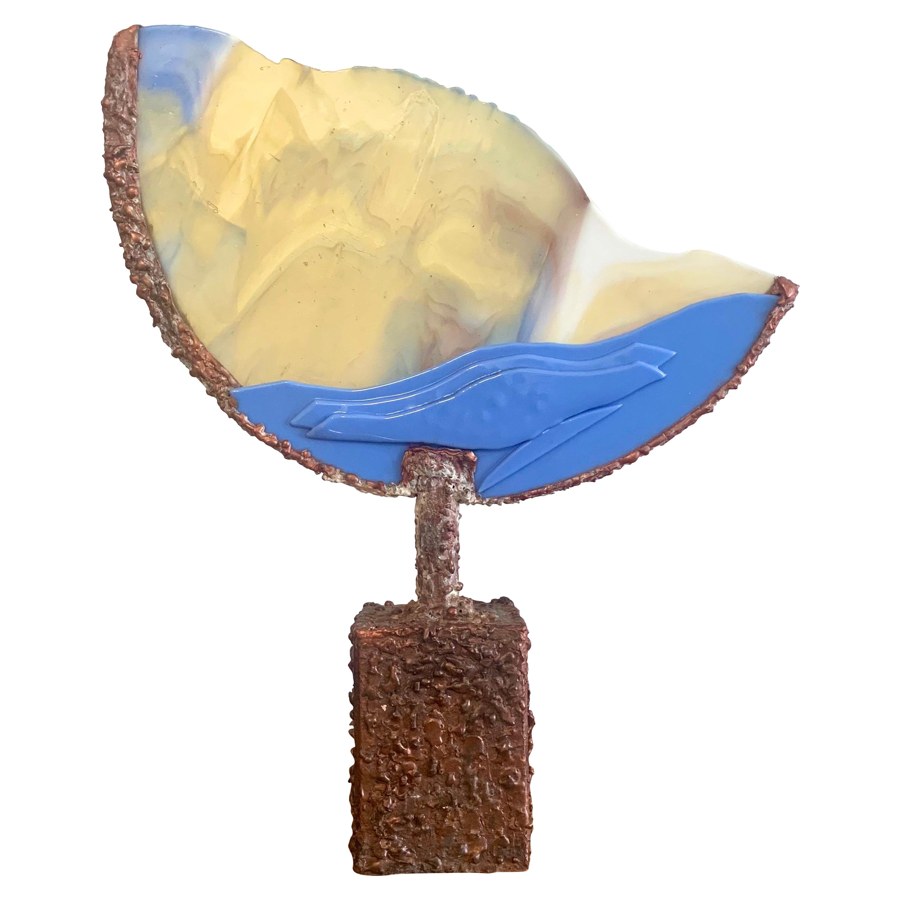Vintage Brutalist Mixed Media Sculpture in Copper and Glass