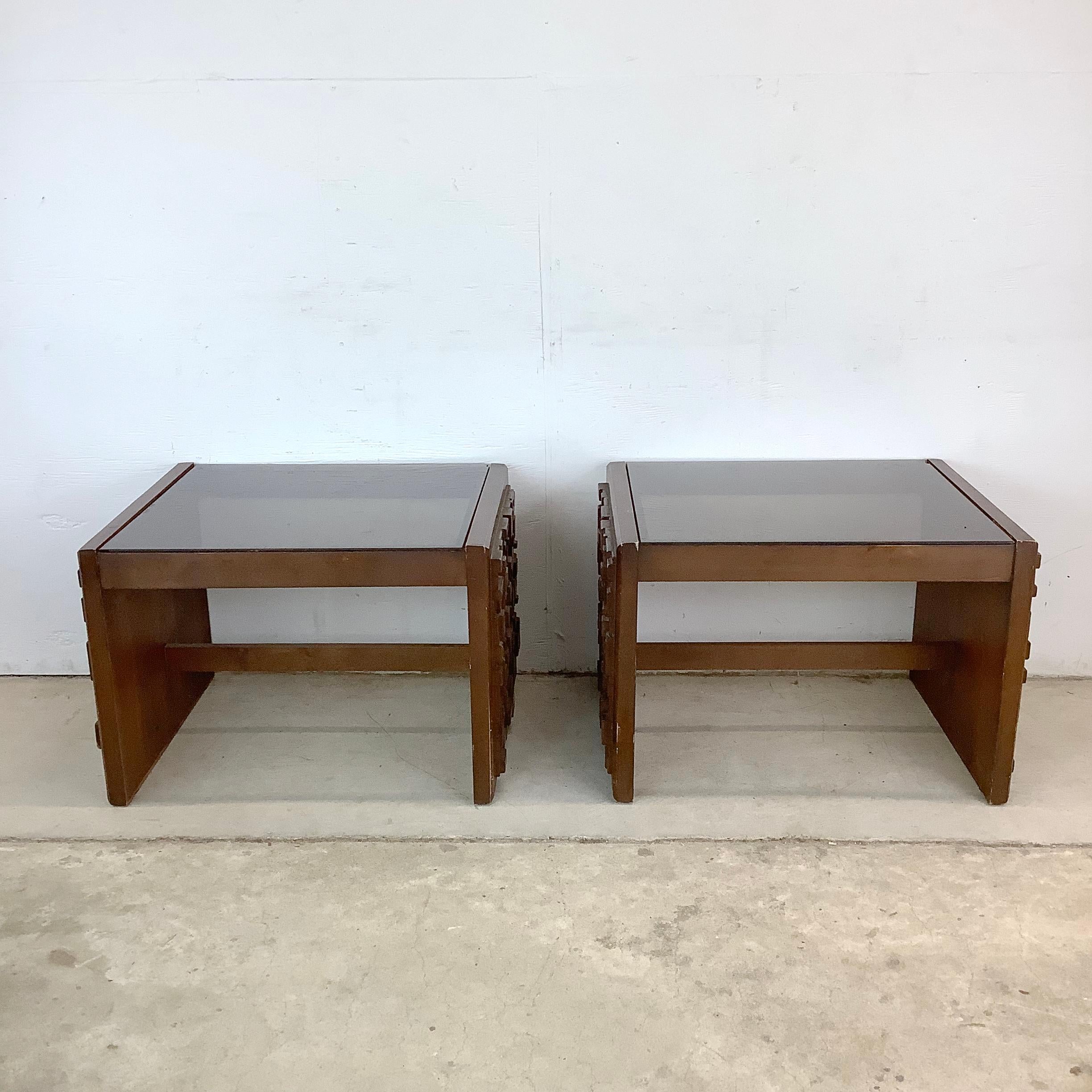 Smoked Glass Vintage Brutalist Modern End Tables For Sale