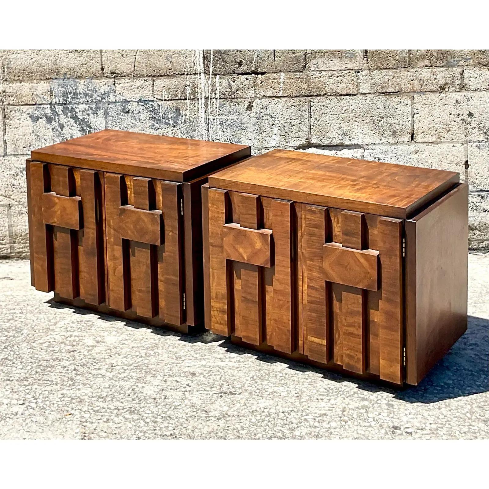 Fantastic set of vintage Brutalist nightstands. Done in the manner of the iconic Lane Mosaics collection. Acquired from a Palm Beach estate.