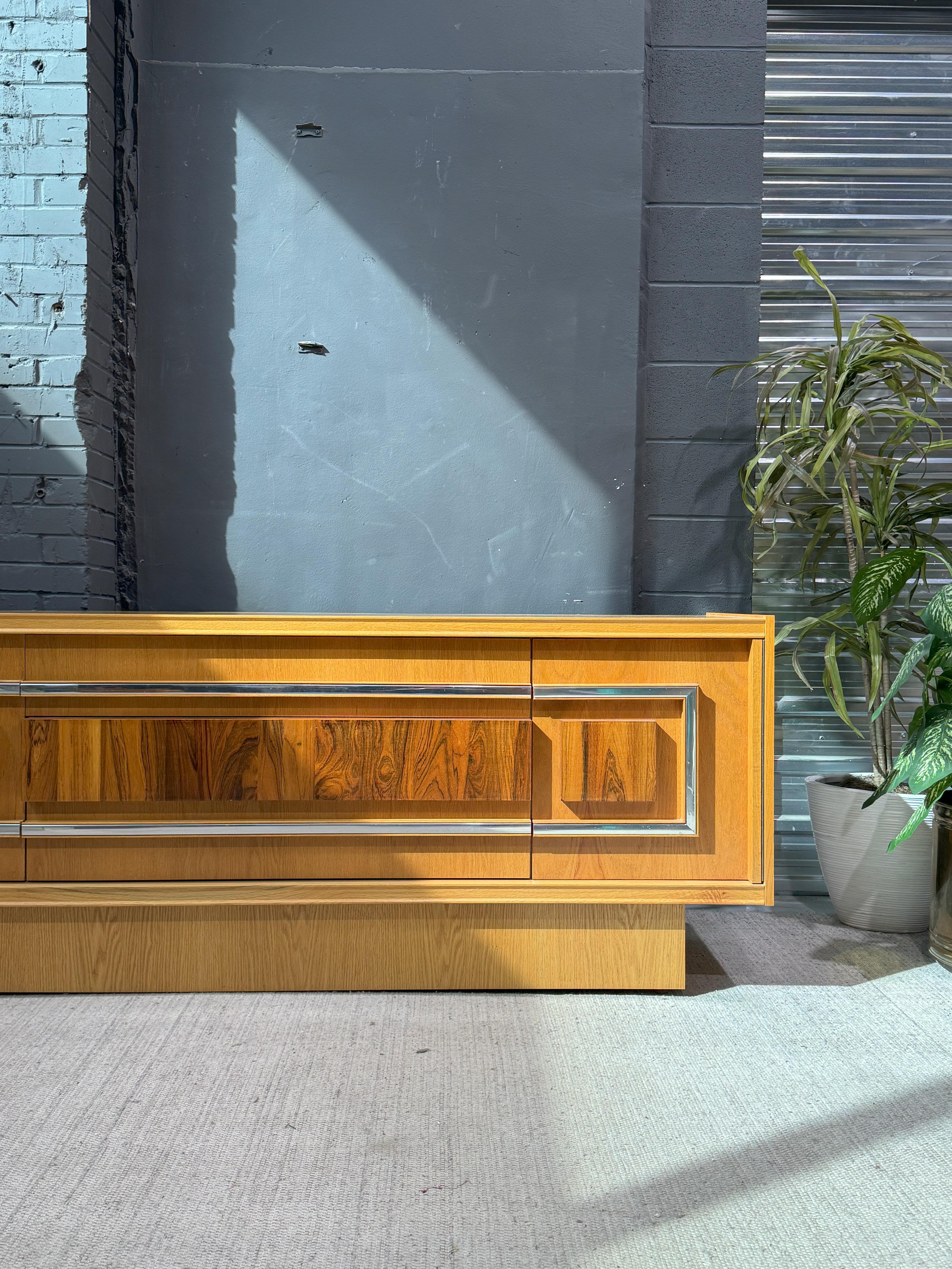 Vintage Brutalist Oak and Chrome Credenza  In Good Condition For Sale In Toronto, CA