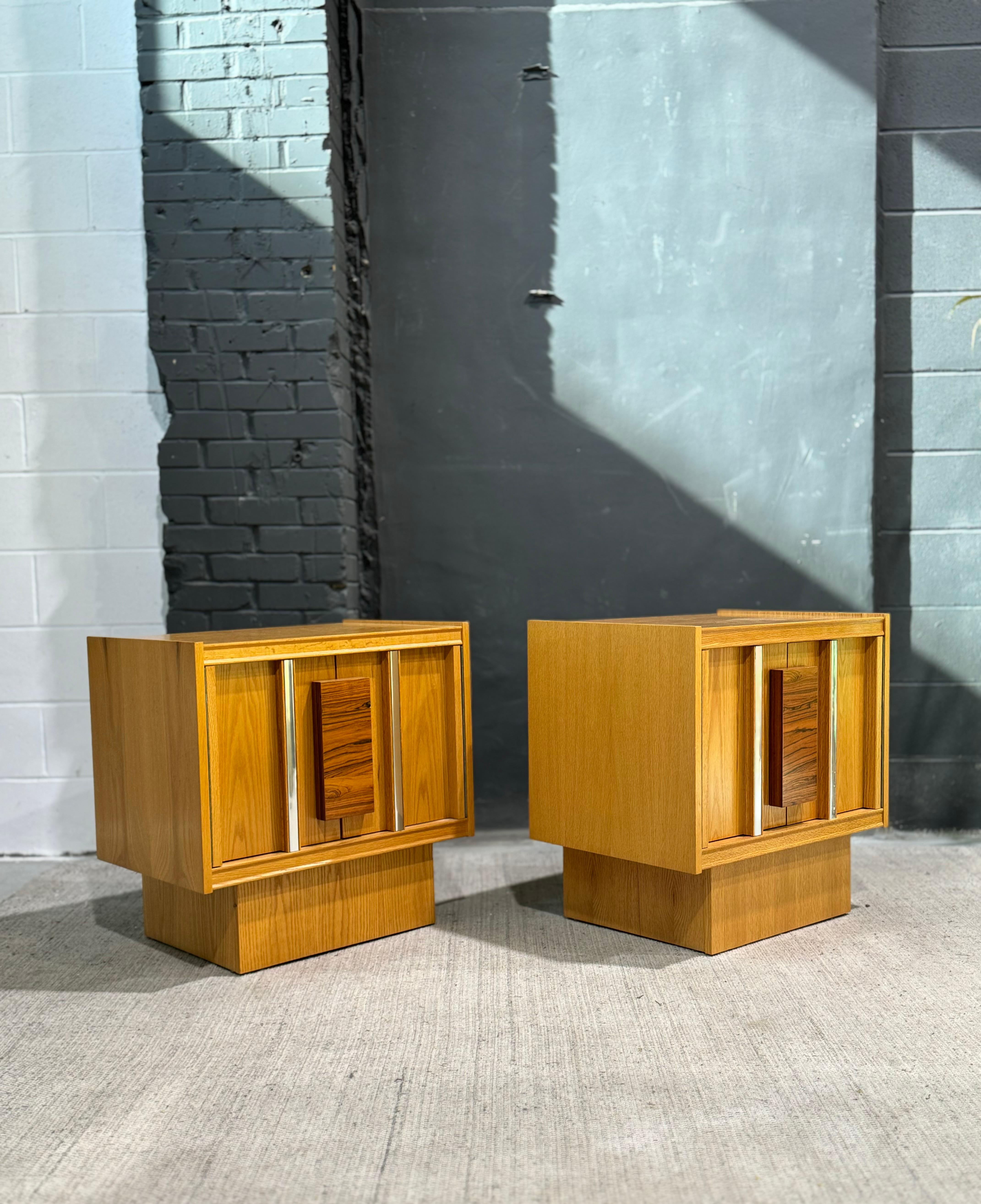 Late 20th Century Vintage Brutalist Oak & Chrome Nightstands  For Sale
