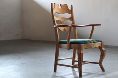 Vintage Brutalist Oak Razorblade Green Striped Armchair by H. Kjærnulf, 1960s