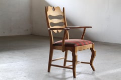 Vintage Brutalist Oak Razorblade Red Striped Armchair by H. Kjærnulf, 1960s