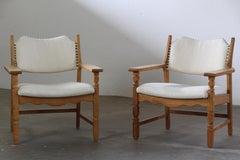Vintage Brutalist Pair of Oak Lounge Chairs, Henning Kjærnulf Denmark, 1960s