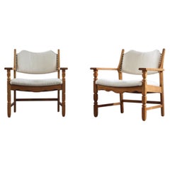 Vintage Brutalist Pair of Oak Lounge Chairs, Henning Kjærnulf Denmark, 1960s