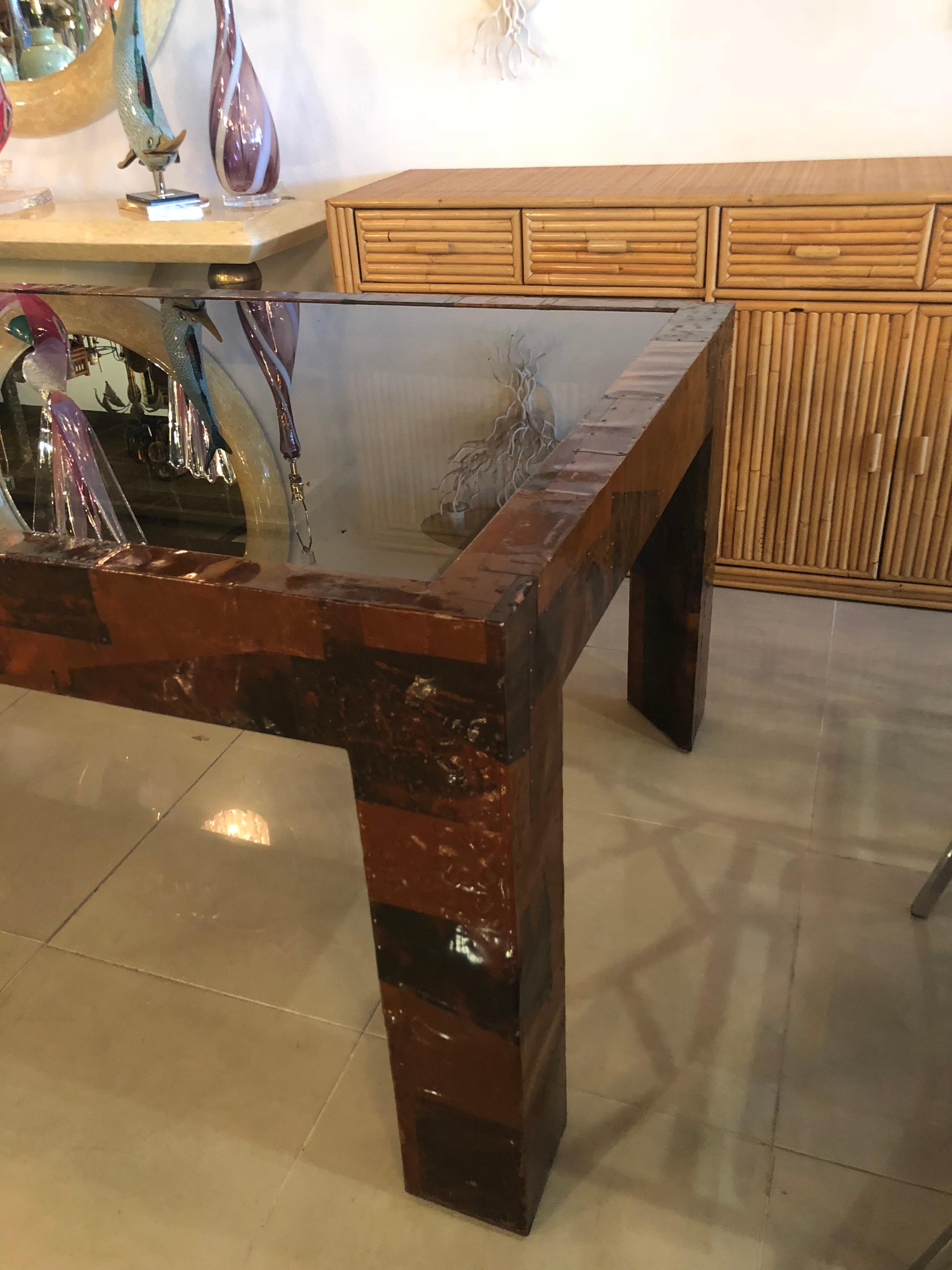 Cuivre Table de salle à manger vintage brutaliste en mosaïque de métal mélangé en vente