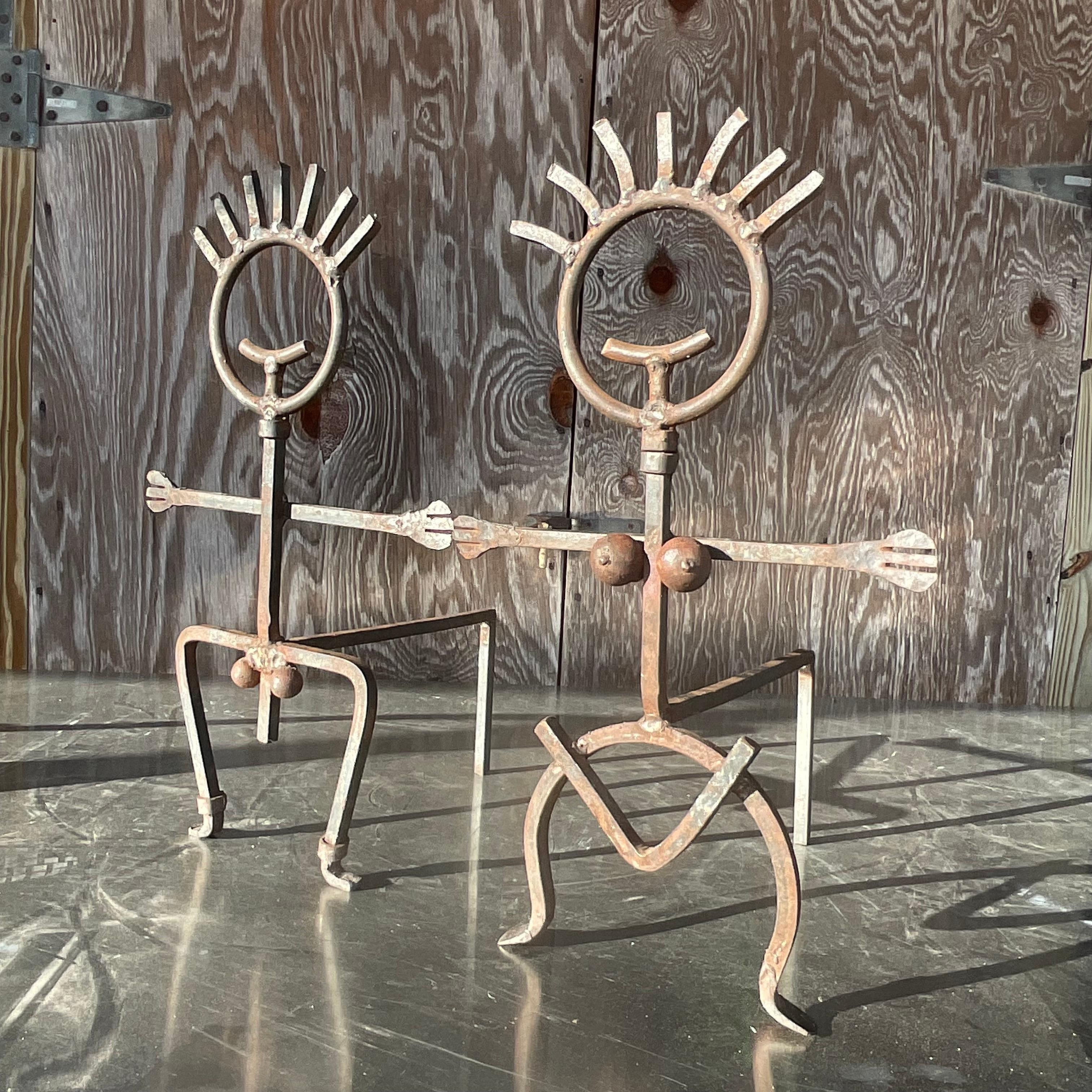 North American Vintage Brutalist Patinated Man and Woman Andirons - a Pair For Sale