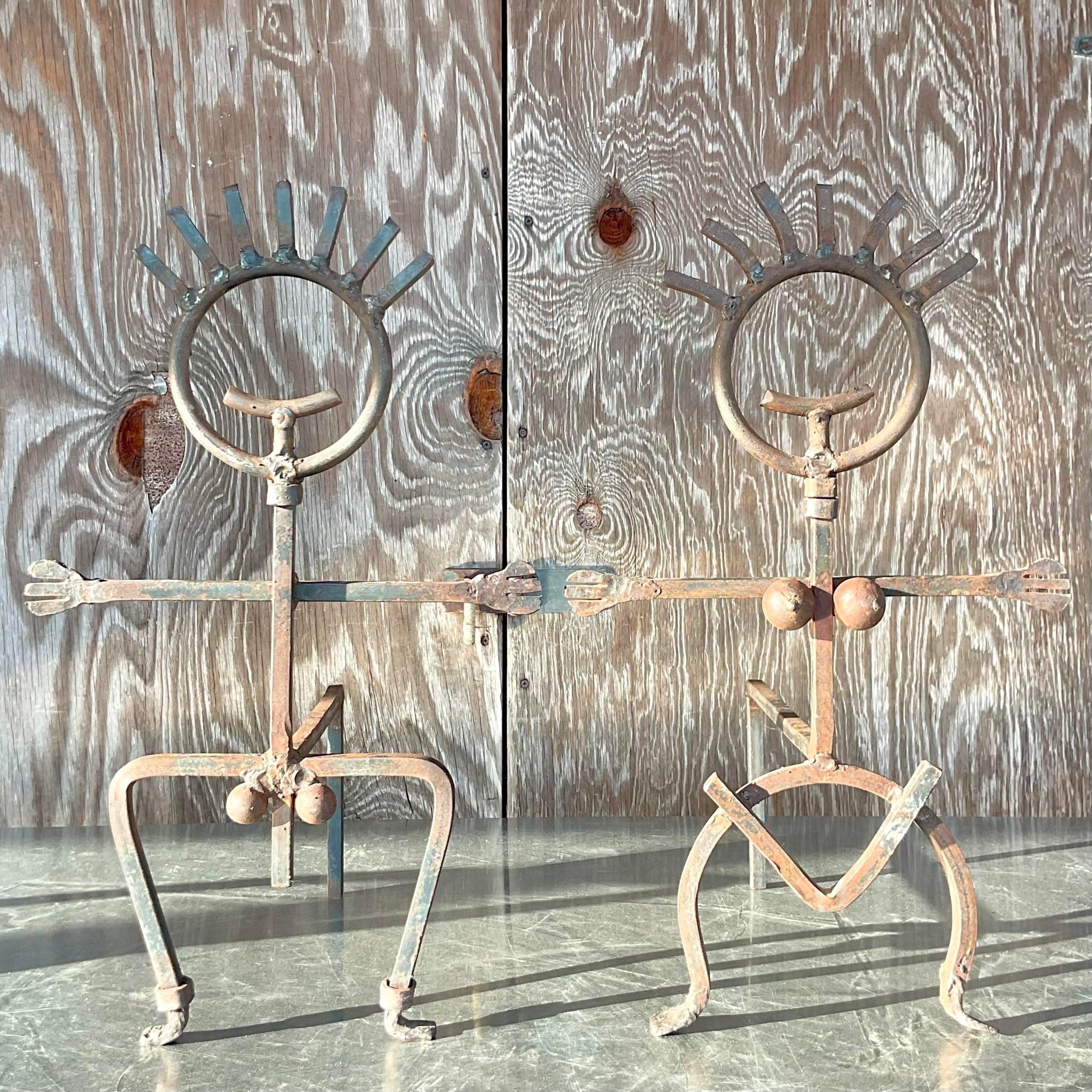 Metal Vintage Brutalist Patinated Man and Woman Andirons - a Pair For Sale