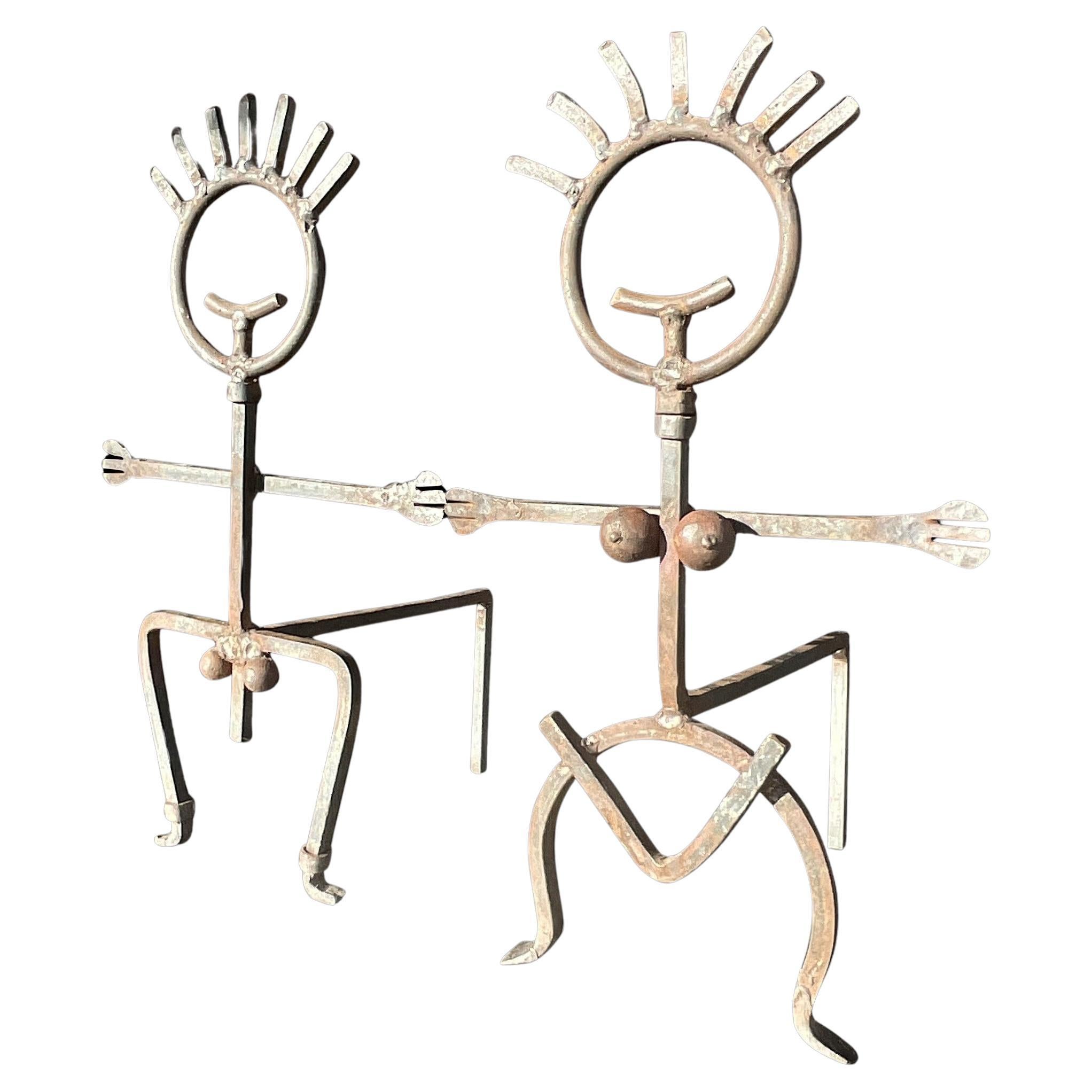Vintage Brutalist Patinated Man and Woman Andirons - a Pair For Sale