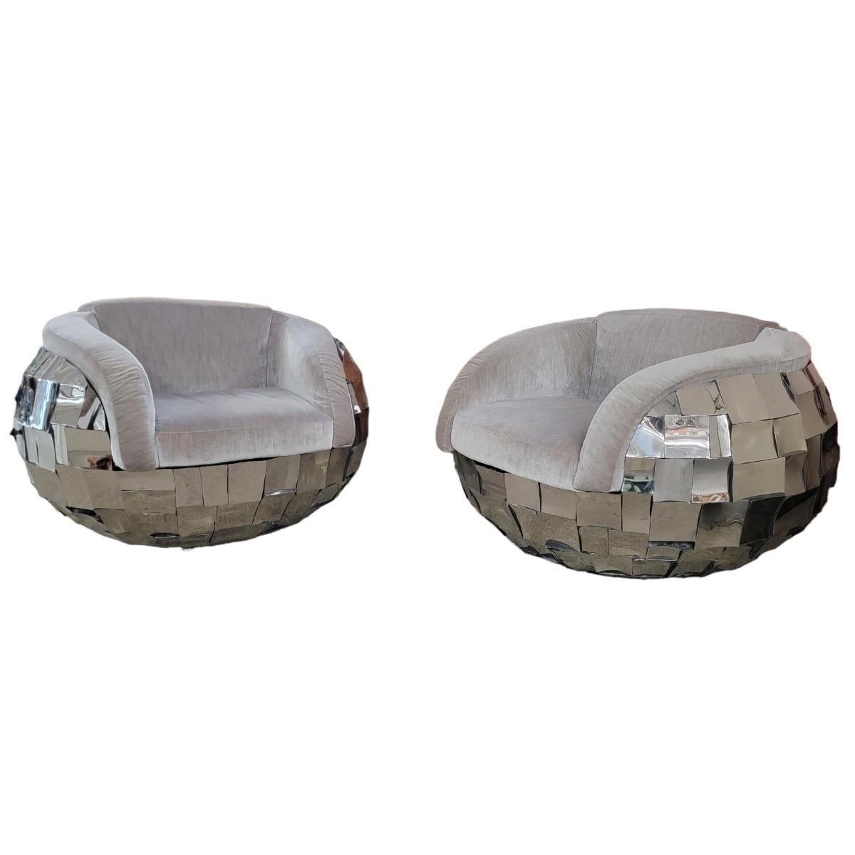 Vintage Brutalist Paul Evans Style Chrome Patchwork Tub Lounge Chairs, Pair In Good Condition In Chicago, IL