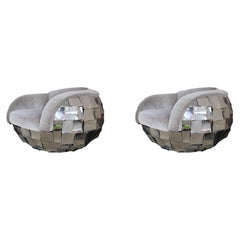 Retro Brutalist Paul Evans Style Chrome Patchwork Tub Lounge Chairs, Pair