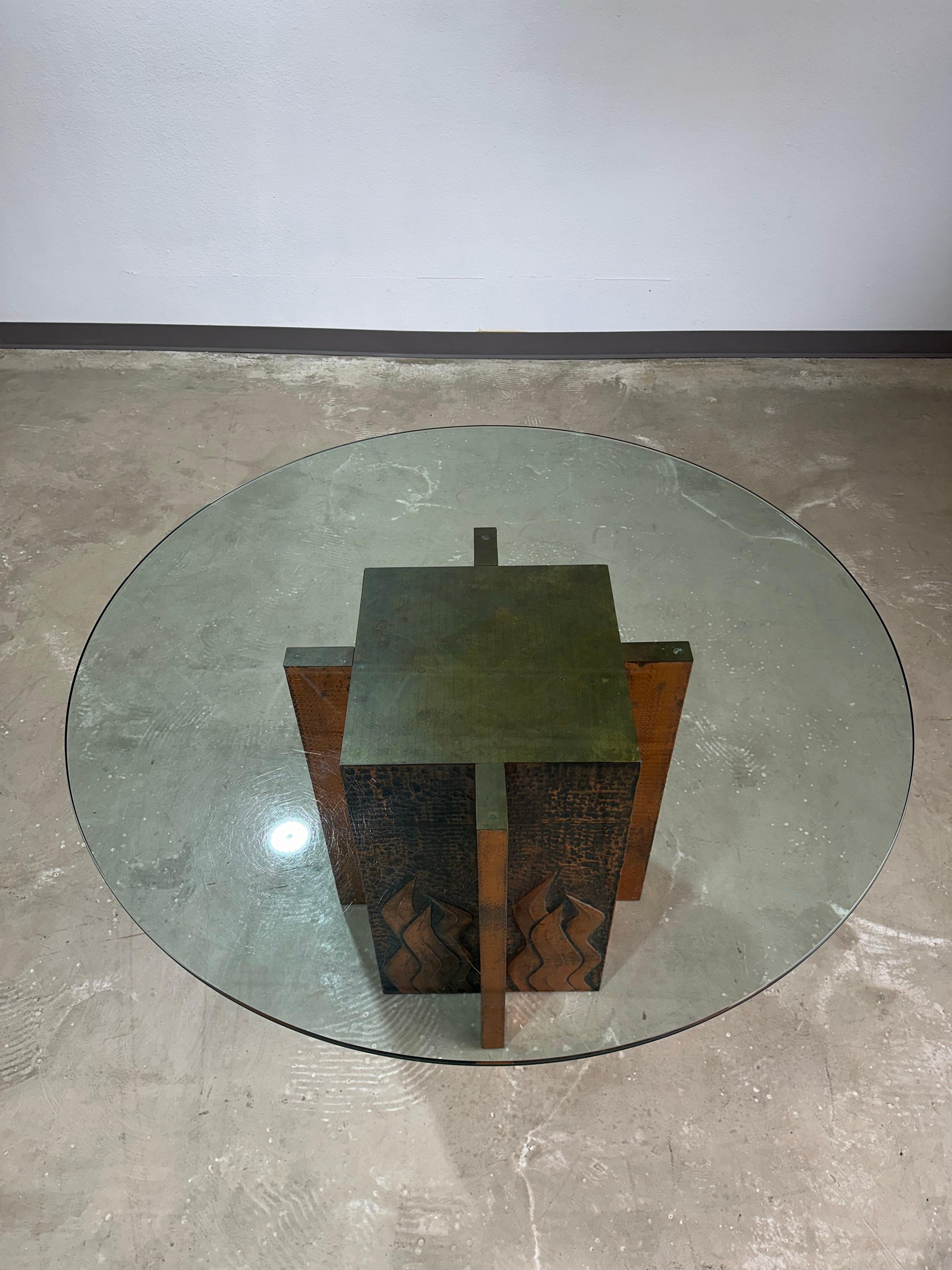 Brass Vintage Brutalist Paul Evans Style Hammered Copper and Glass Dining Table For Sale