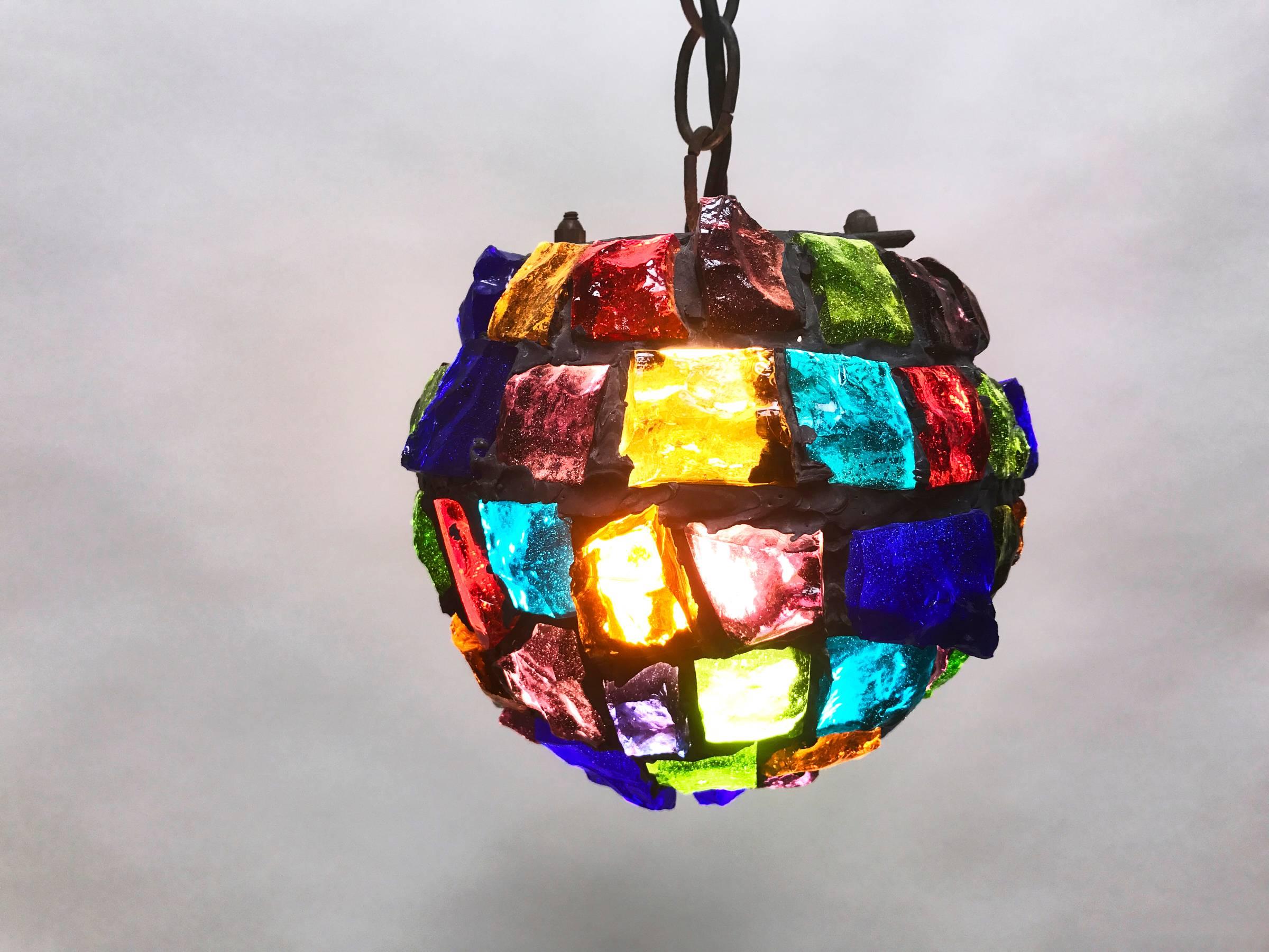 Vintage Brutalist Rough Glass and Iron Pendant Light, 1970s In Good Condition In Los Angeles, CA