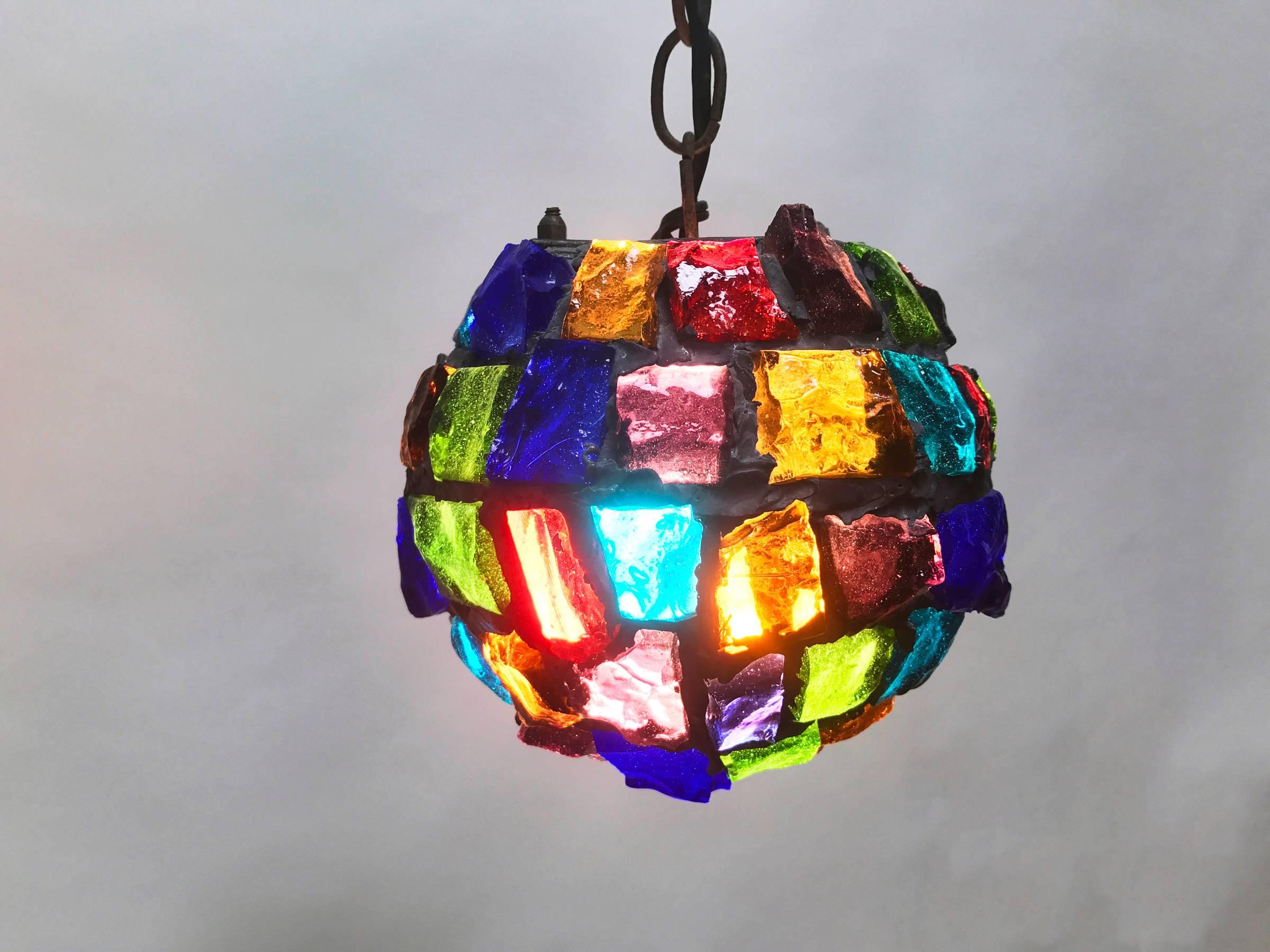 Late 20th Century Vintage Brutalist Rough Glass and Iron Pendant Light, 1970s