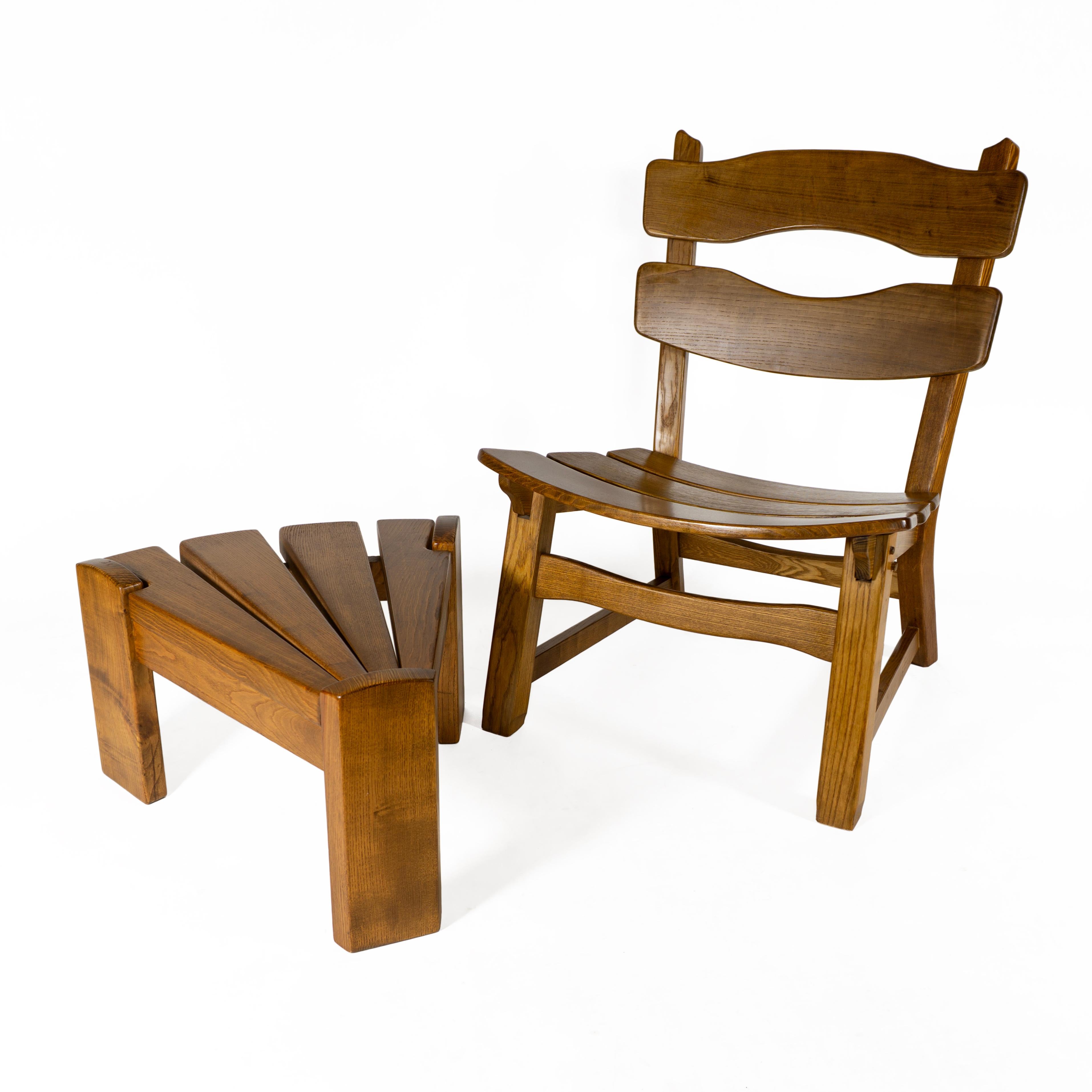 Vintage Brutalist Set of 3 Oak Fireplace Lounge Chair & Table Dittmann for AWA For Sale 5