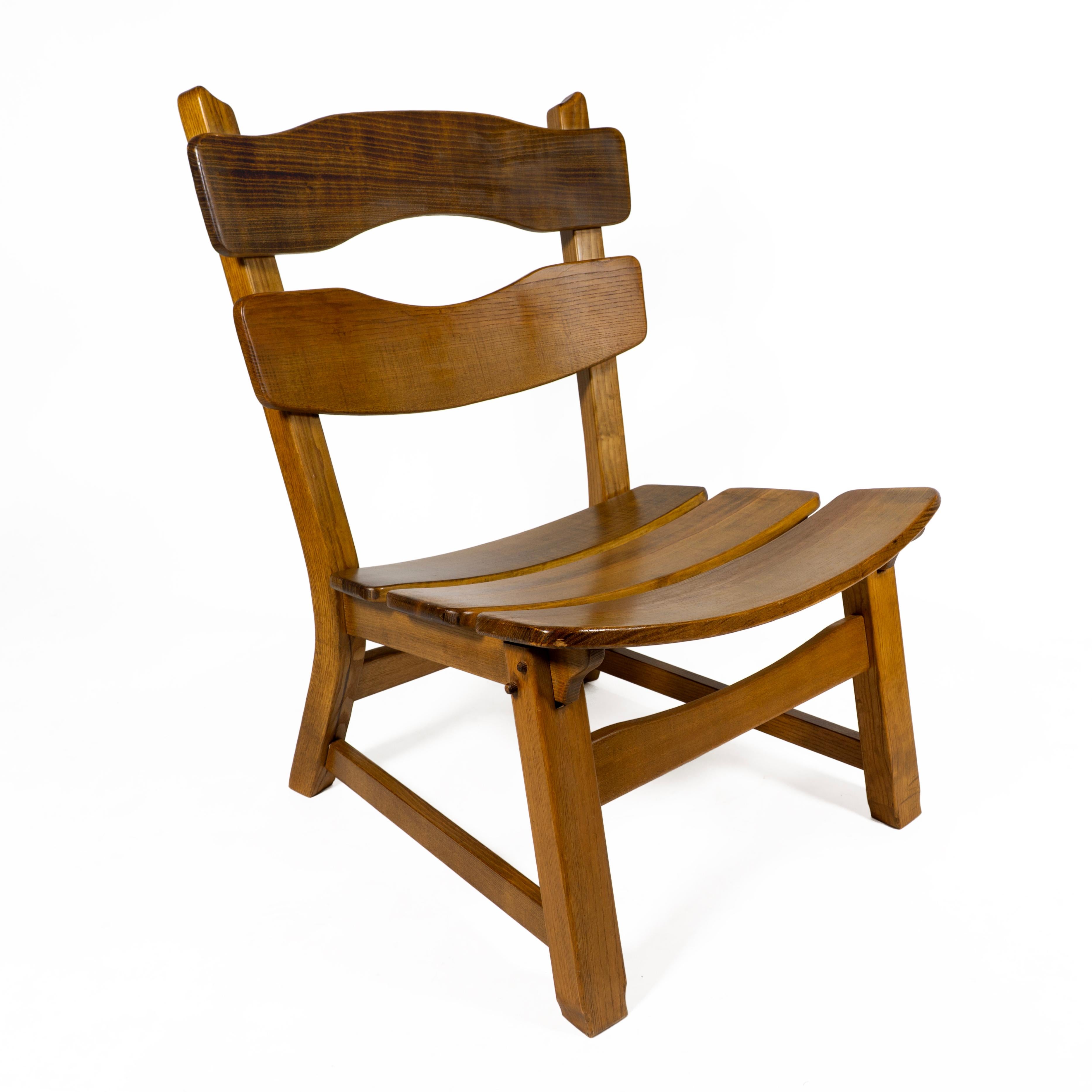 Vintage Brutalist Set of 3 Oak Fireplace Lounge Chair & Table Dittmann for AWA For Sale 6