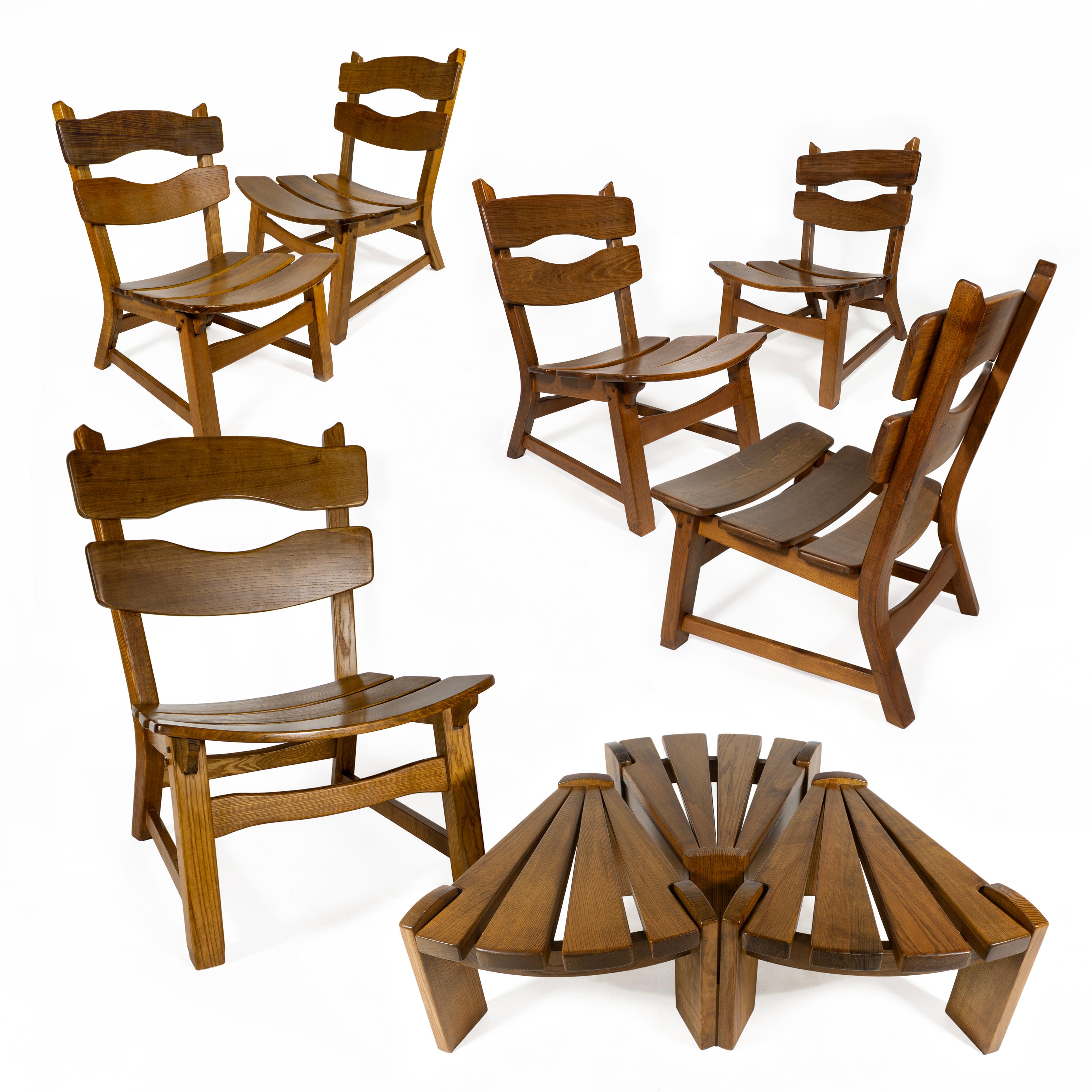 Vintage Brutalist Set of 3 Oak Fireplace Lounge Chair & Table Dittmann for AWA For Sale 9