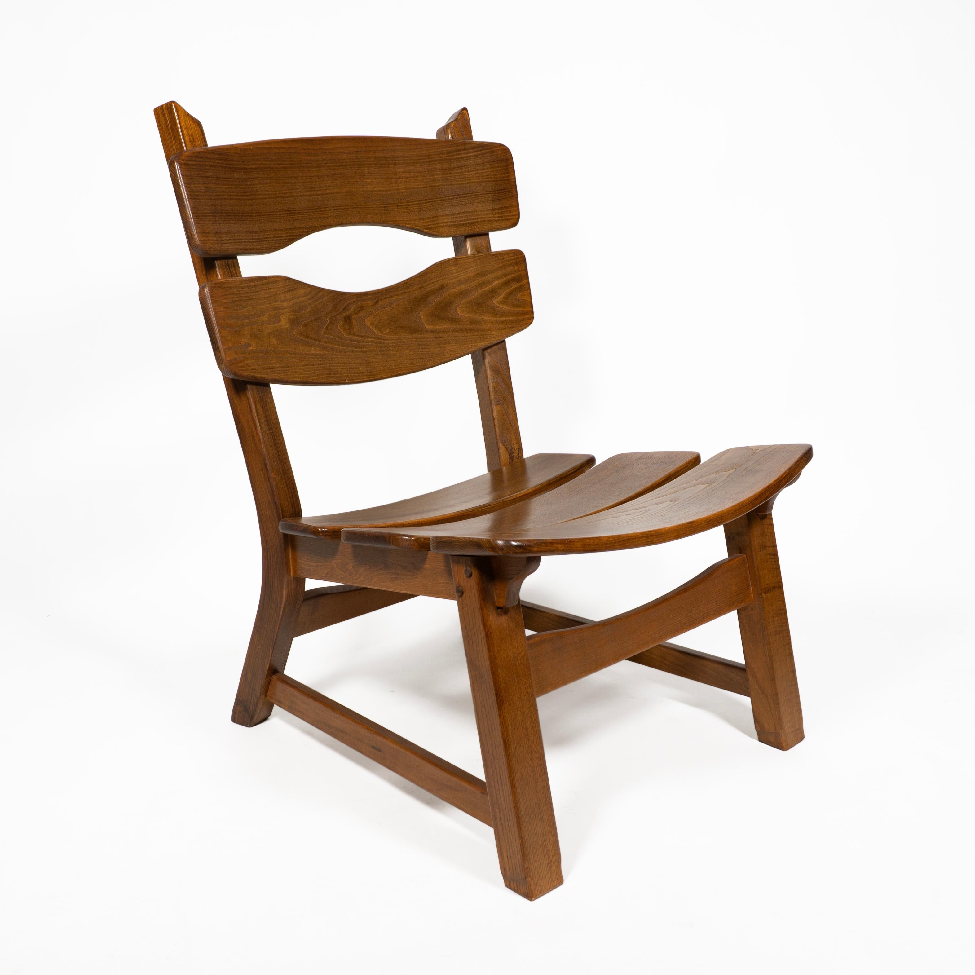 Wood Vintage Brutalist Set of 3 Oak Fireplace Lounge Chair & Table Dittmann for AWA For Sale