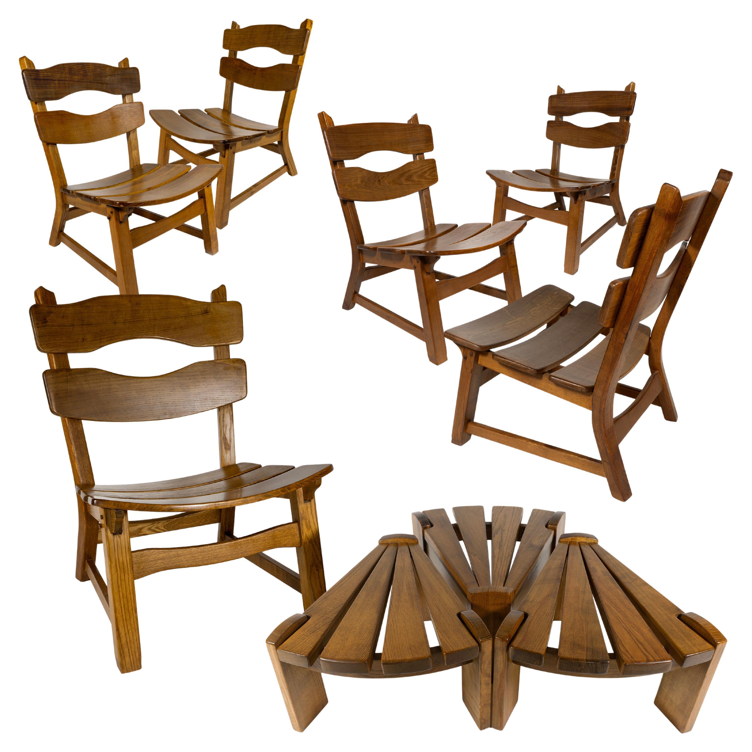 Vintage Brutalist Set of 3 Oak Fireplace Lounge Chair & Table Dittmann for AWA For Sale