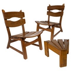 Vintage Brutalist Set of 3 Oak Fireplace Lounge Chair & Table Dittmann for AWA