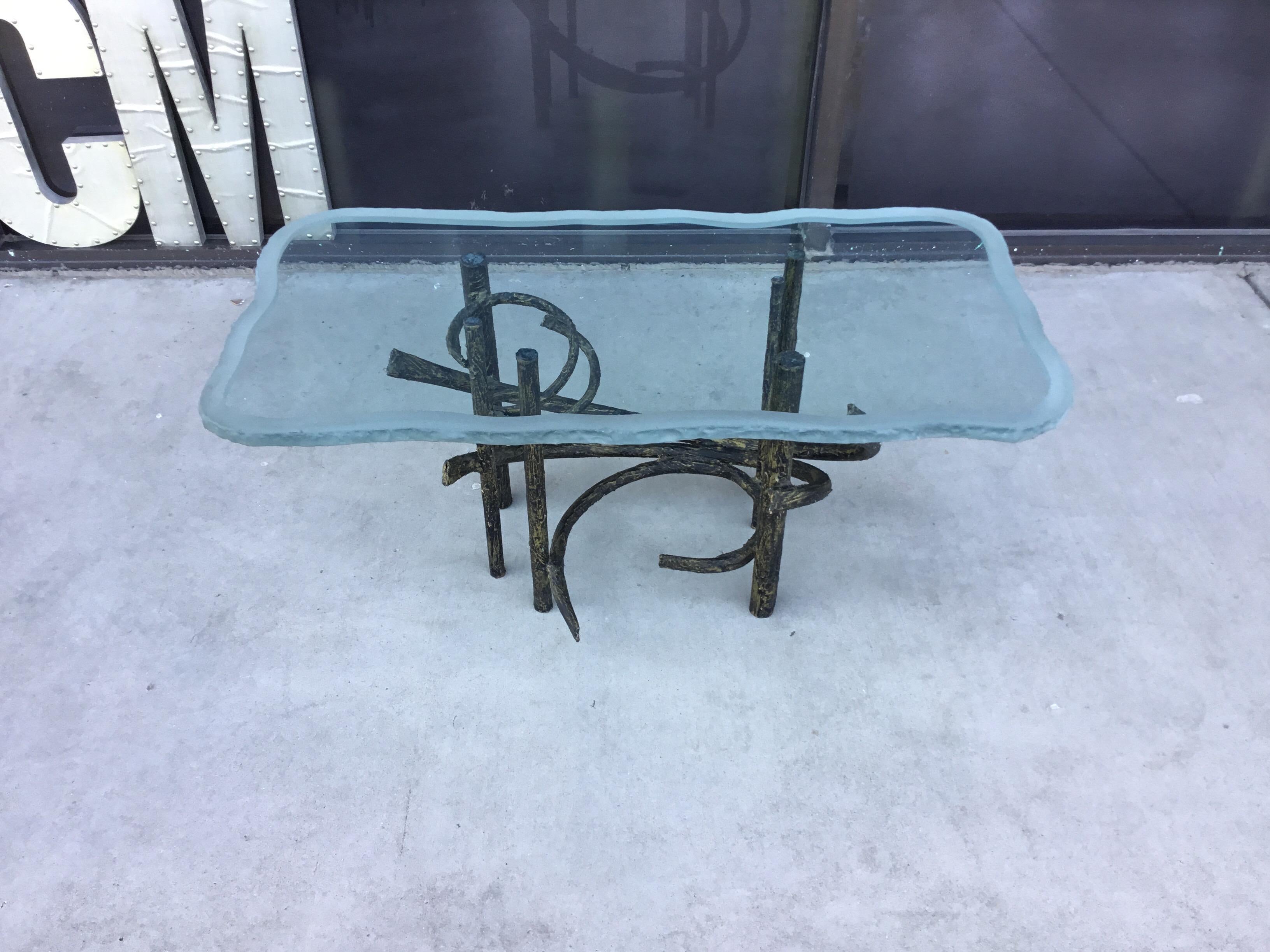 Unknown Vintage Brutalist Side Table with Custom Jagged Edge Frosted Glass Top For Sale