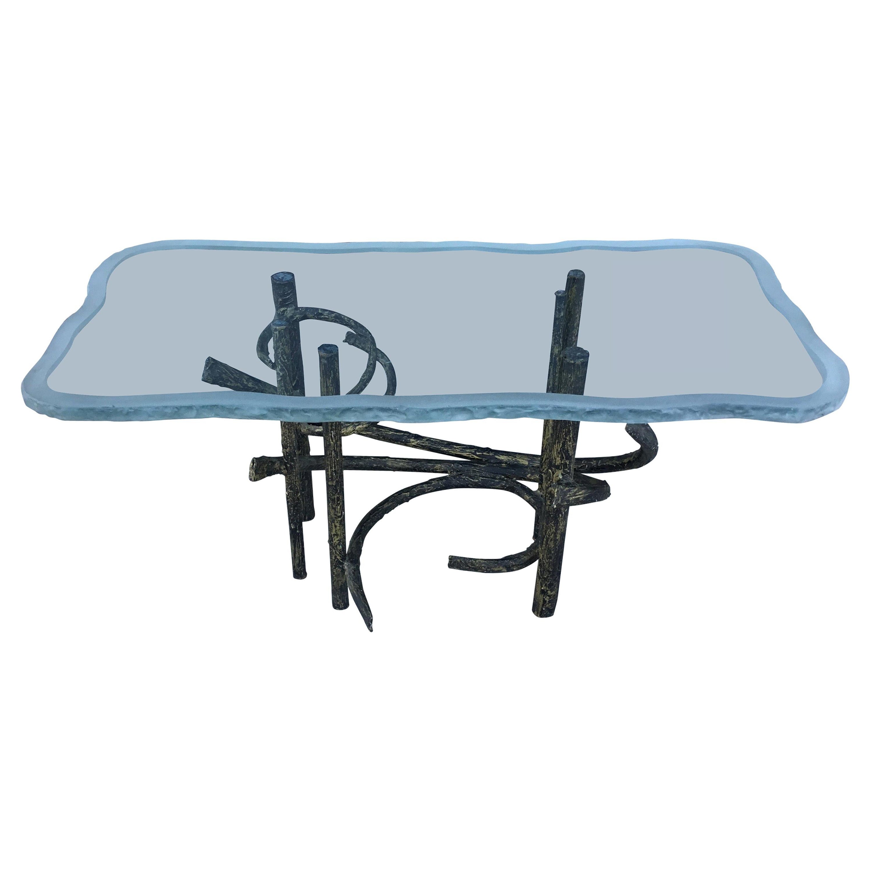 Vintage Brutalist Side Table with Custom Jagged Edge Frosted Glass Top